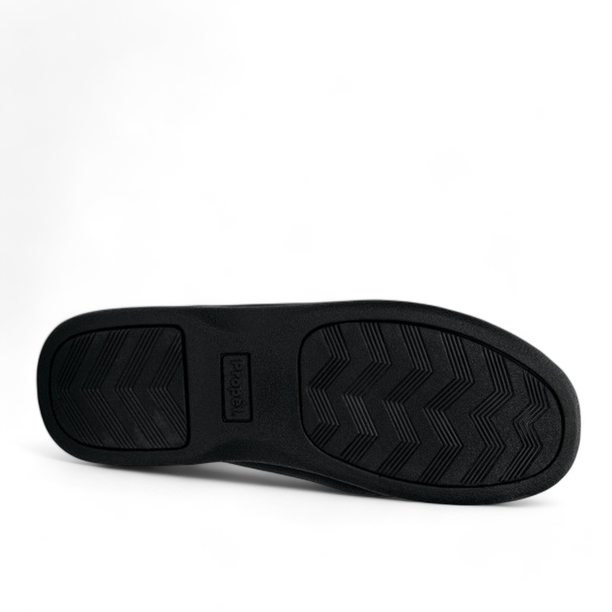 Propet Cush N Foot black stretchable slipper with adjustable strap for swollen feet and bunions.
photo of the bottom side