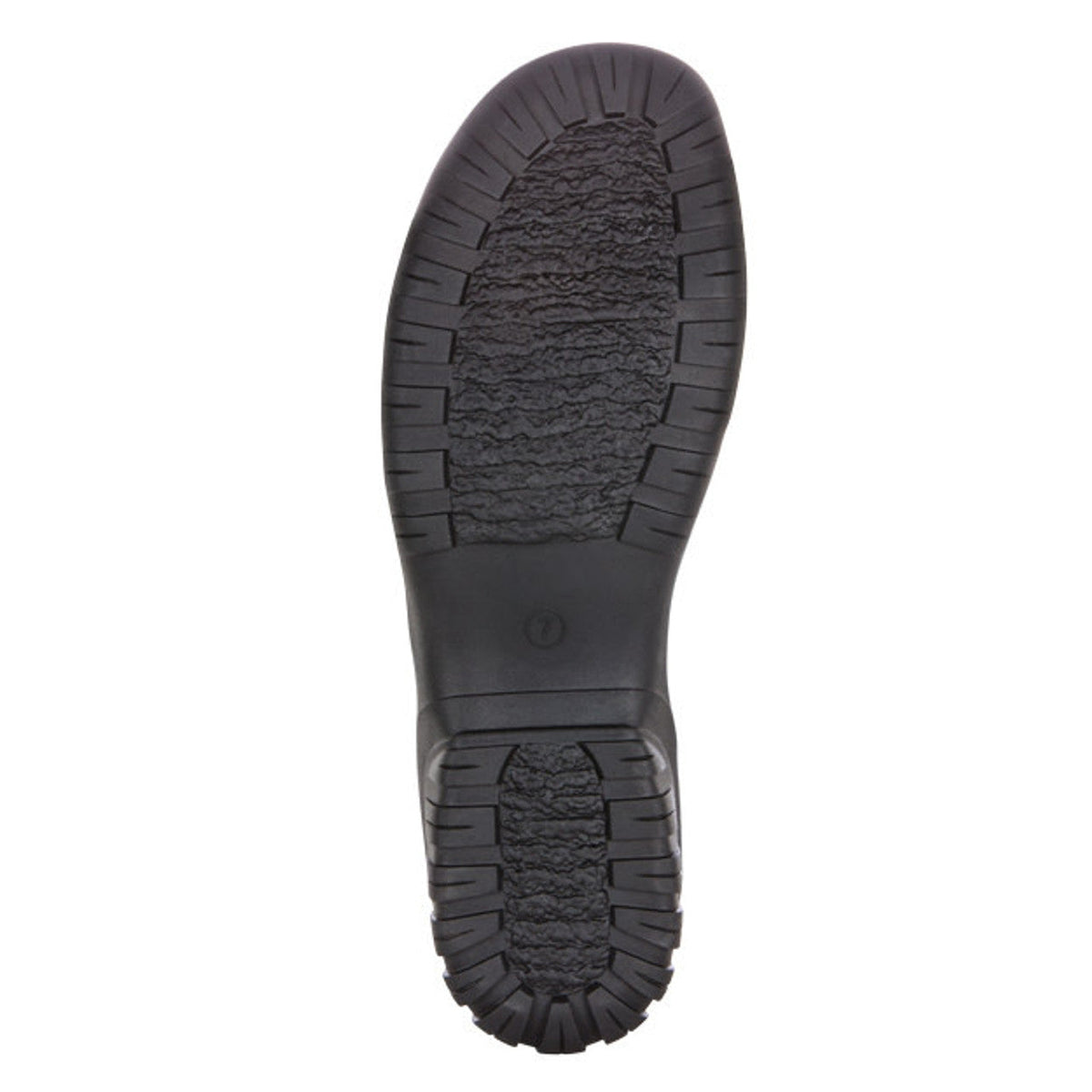 Propet Delaney black leather ankle bootie with D-ring lacing, side zip, and textured knit collar.
photo of the bottom side