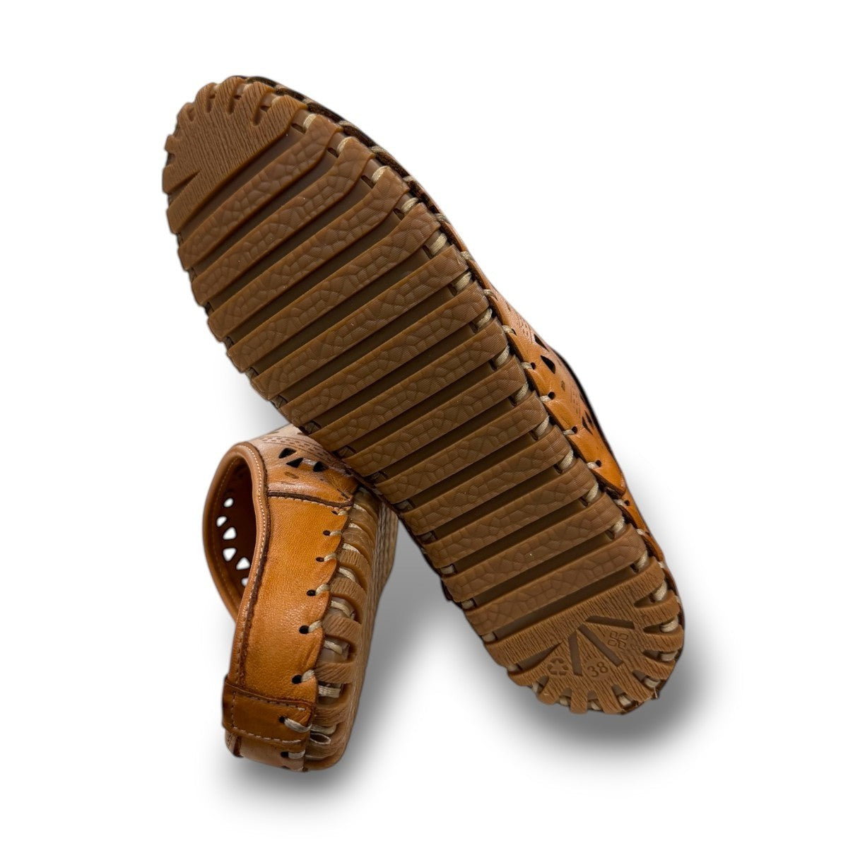 Sina Footwear Roamers Verity tan leather slip-on sandals showing the textured rubber outsole and perforated upper bottom side