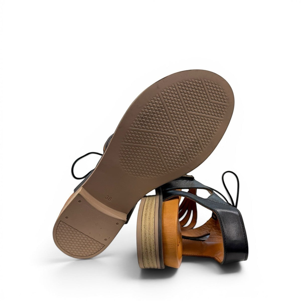 Roamers Vienna black leather lace-up sandals with cut-out design and tan footbed
photo of the bottom