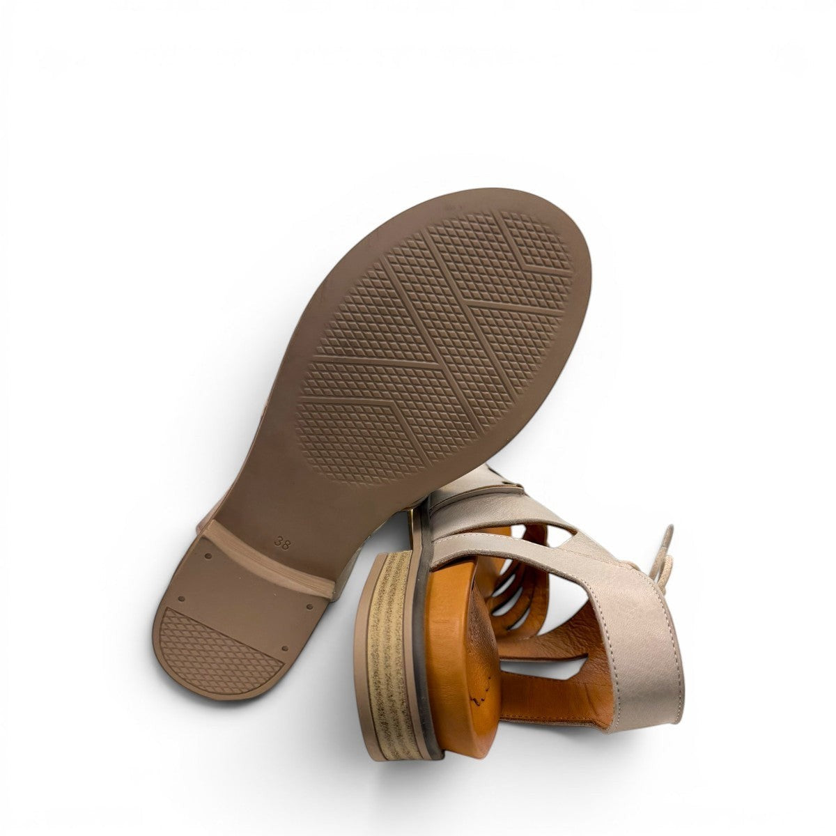 Roamers Vienna silver grey leather sandals with lace-up closure and cut-out floral toe detail.
photo of the bottom side