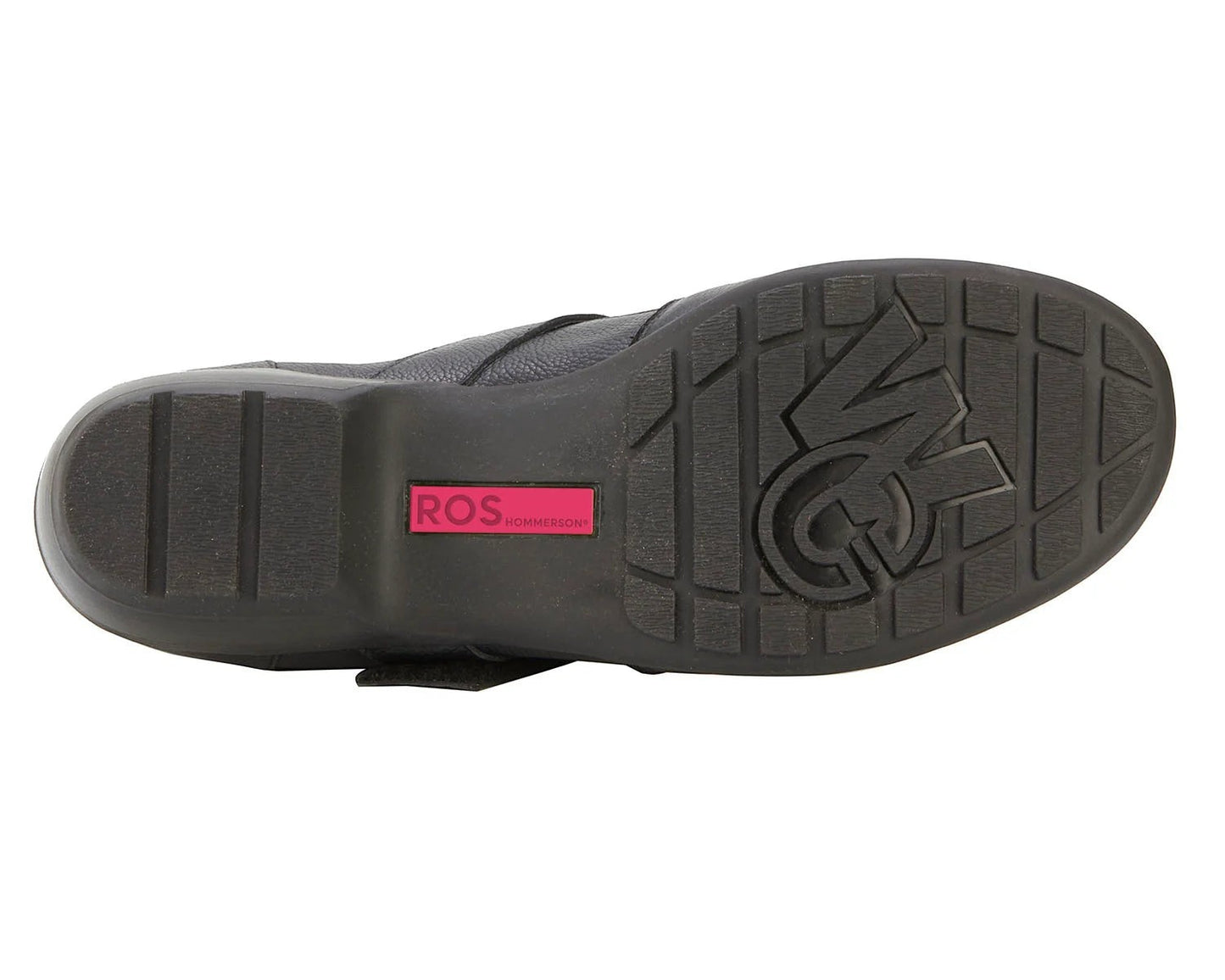 Ros Hommerson Eliot black tumbled leather loafer with adjustable hook and loop strap and low block heel.
photo of the bottom side