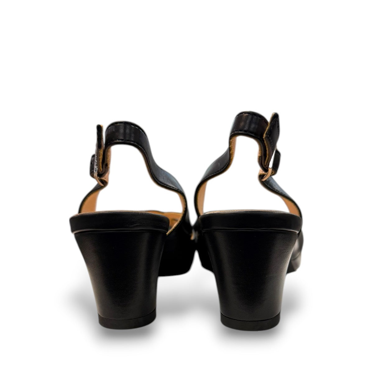 Sabatini of Florence SF12 black leather slingback heel with peep toe and stitched detailing.
photo of the back side
