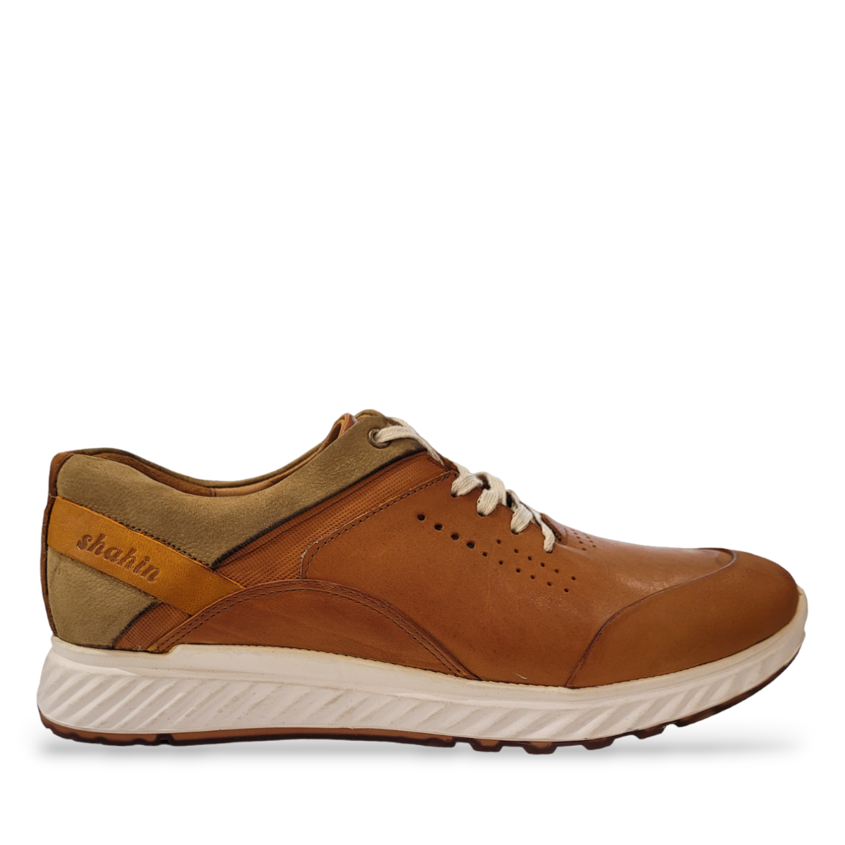 Shahin Abtin brown leather men sneakers with beige suede accents and white athletic sole. Photo of side view.