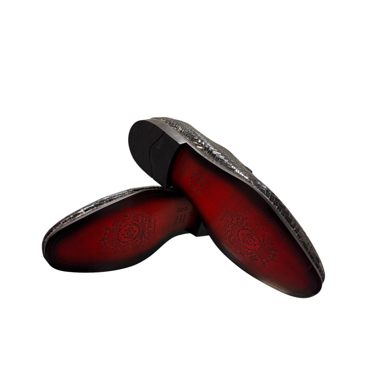 Sina Footwear Aspad black patent leather loafers with a woven texture and refined handmade stitching. Photo of bottom view.