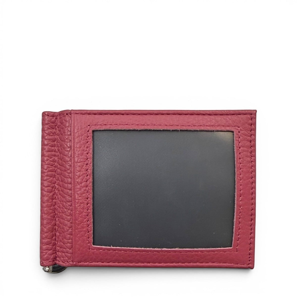 Sina Footwear textured berry leather bifold wallet with money clip and ID window.