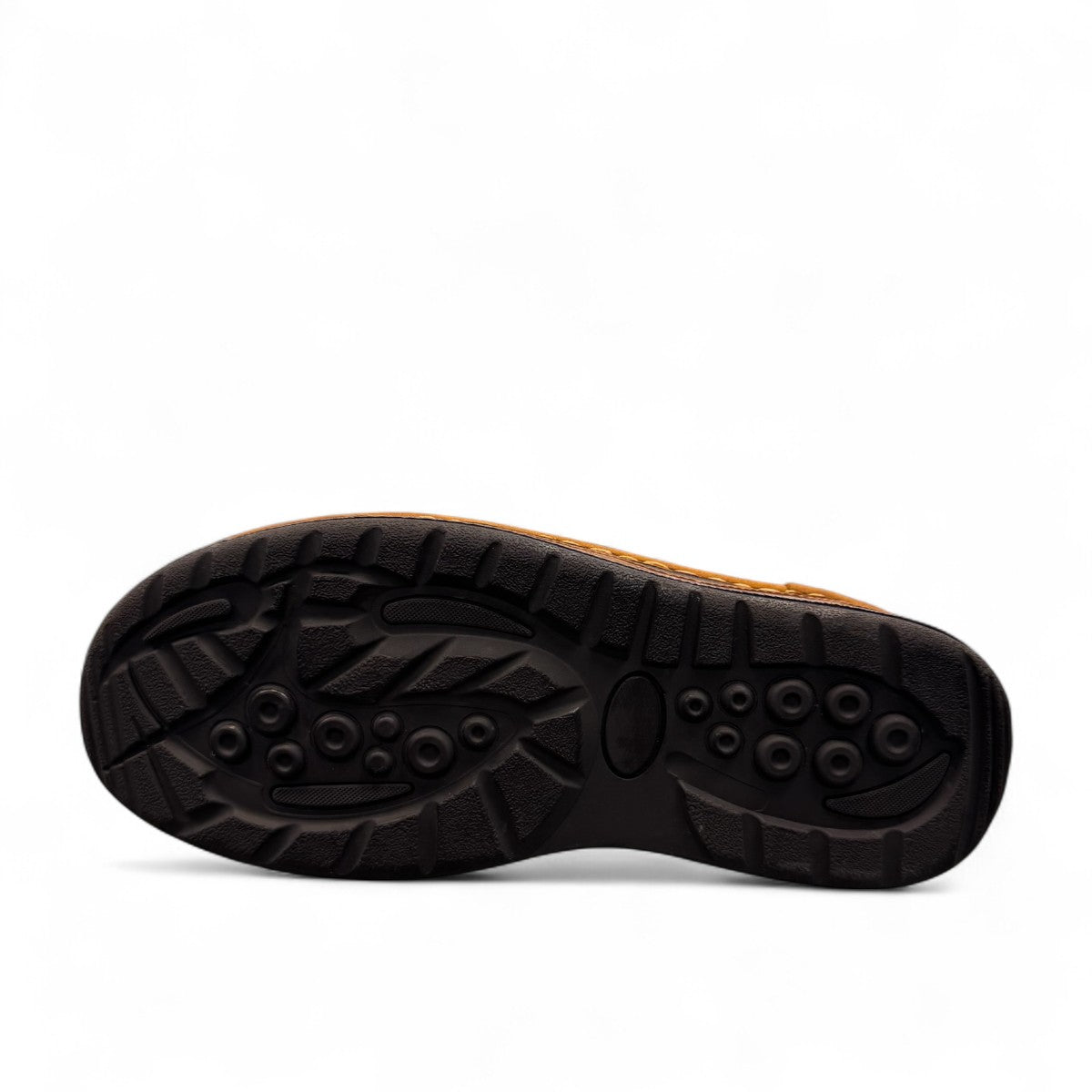 Sina Footwear Datam brown men's slip-on shoes featuring premium leather upper, leather lining, and rubber outsole. Photo of bottom view.