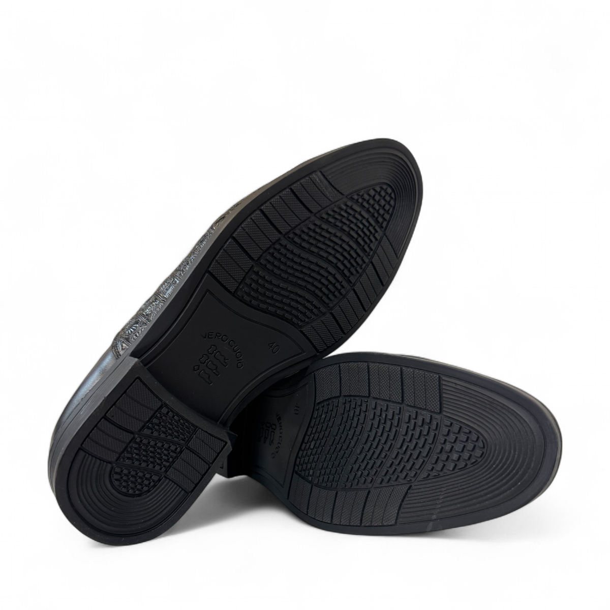 Sina Footwear Dragon black patent leather oxford shoe with textured side panel and handmade stitching detail. Photo of bottom view.
