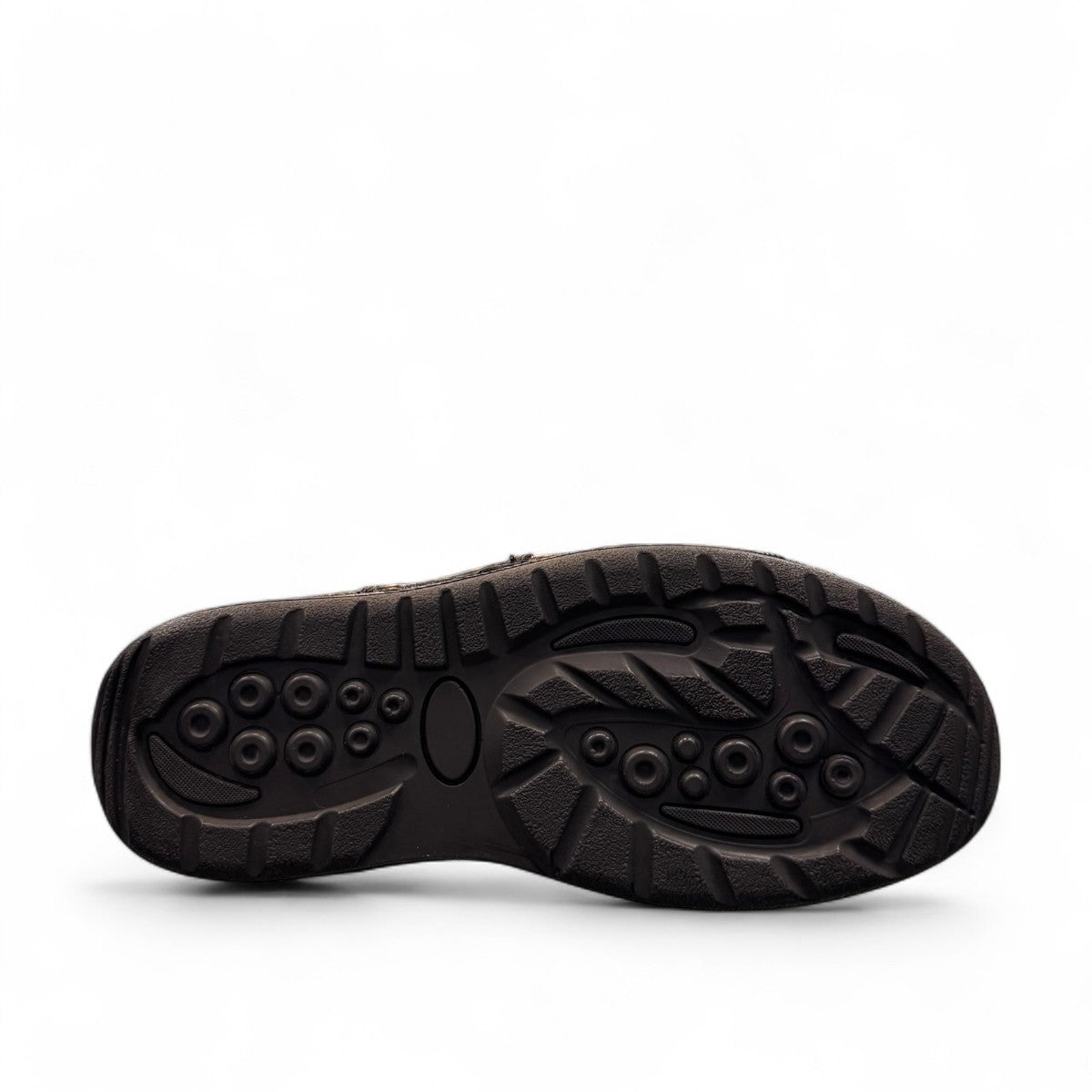 Sina Footwear Kiarash black genuine leather slip-on shoes with handmade stitching and a durable textured sole. Photo of bottom view.