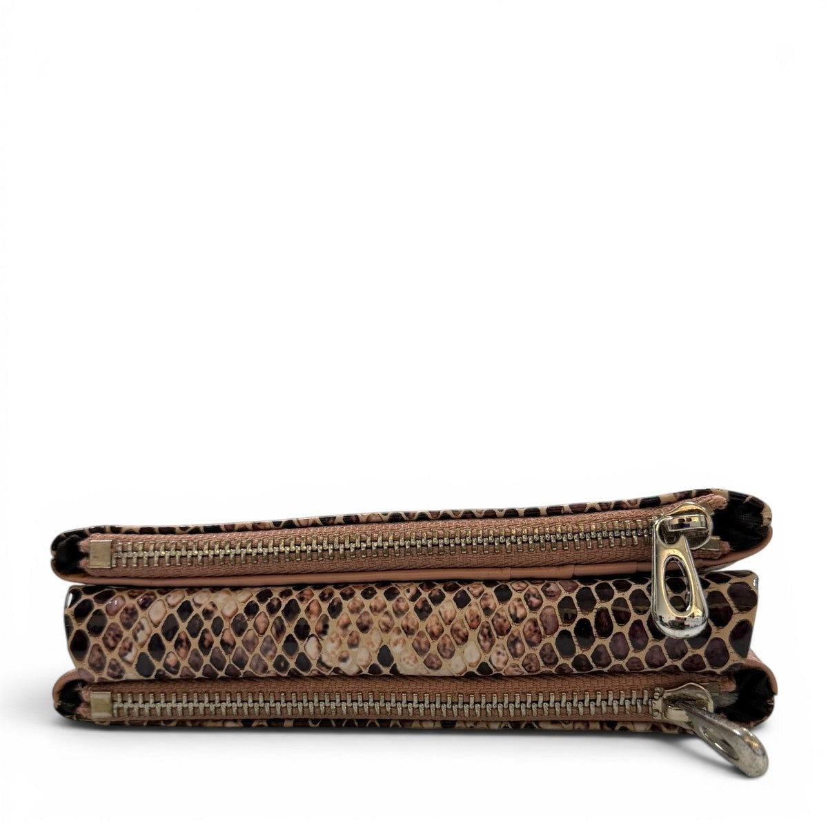 Sina Footwear genuine leather wallet with multi-color snakeskin print and gold zippers.