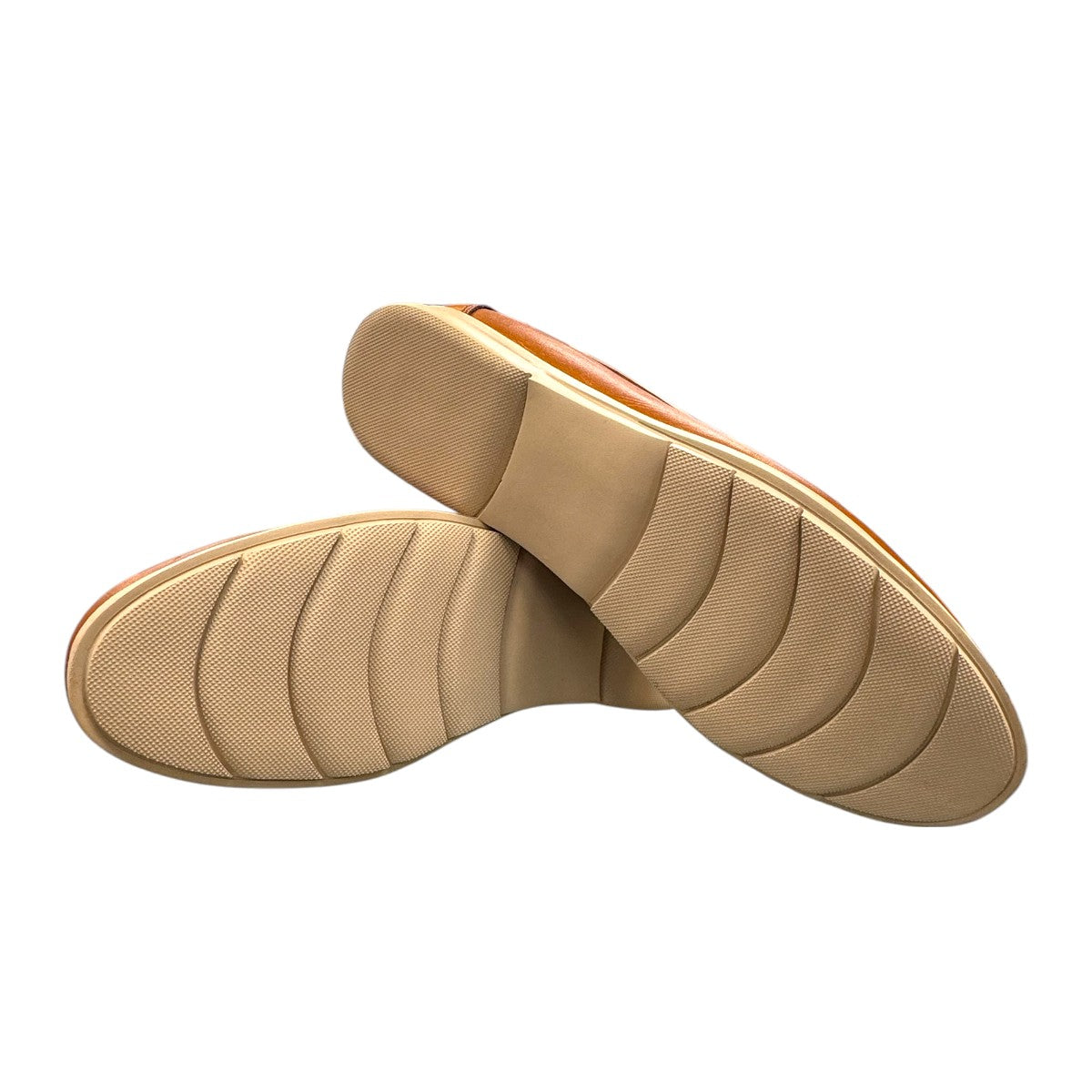 Sina Footwear Vanak light brown genuine leather loafers with handmade stitching and a durable rubber outsole. Photo of bottom view.