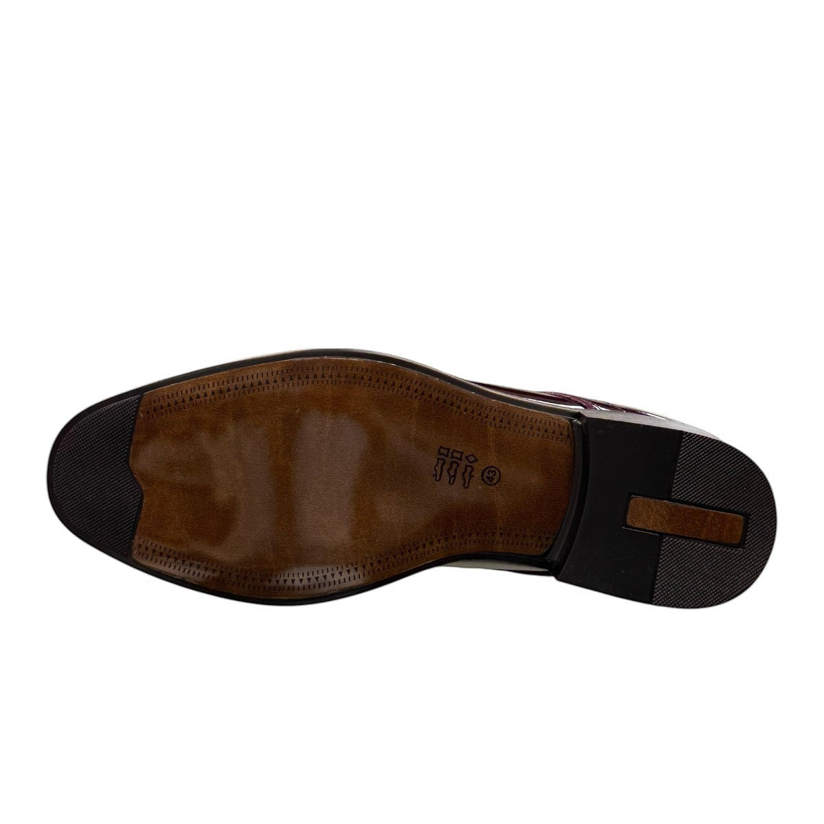 Sun Mahour red patent leather lace-up formal dress shoe with a polished finish and rubber outsole. Photo of bottom view.