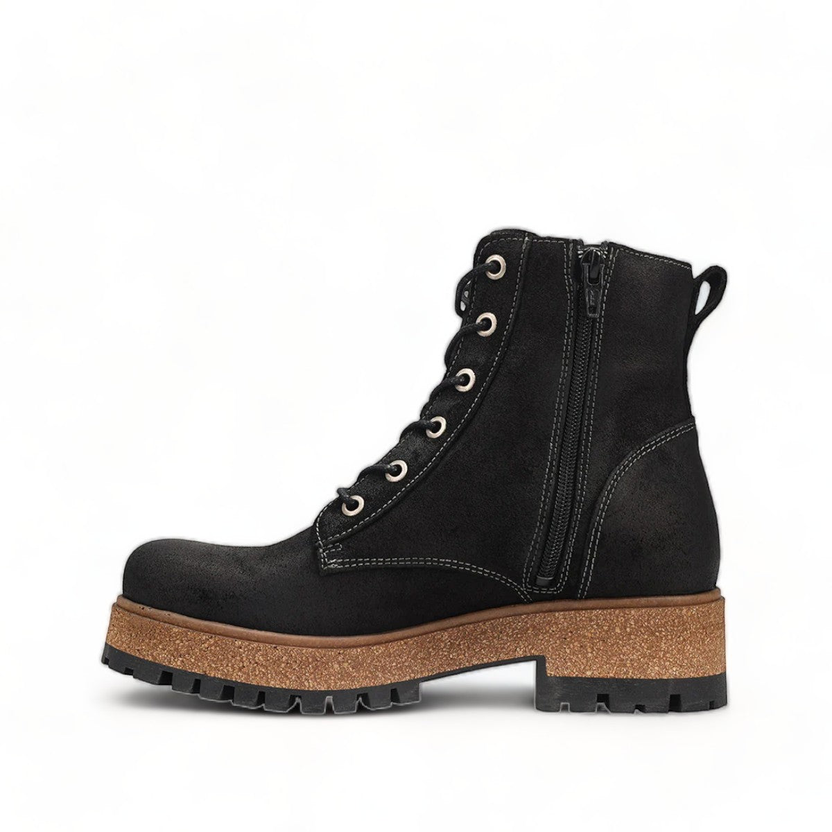 Taos Main Street black rugged leather lace-up platform boot with cork midsole and rubber lug outsole. Photo of right side view.