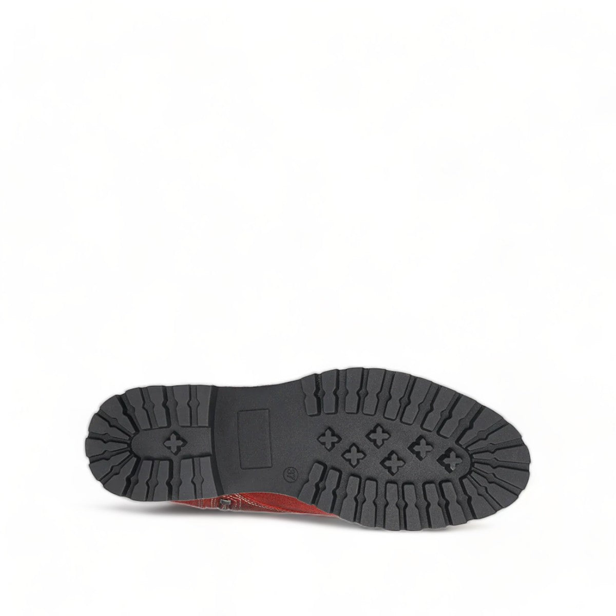 Taos Main Street garnet red leather lace-up platform boot with a cork midsole and rubber lug sole. Photo of bottom view.