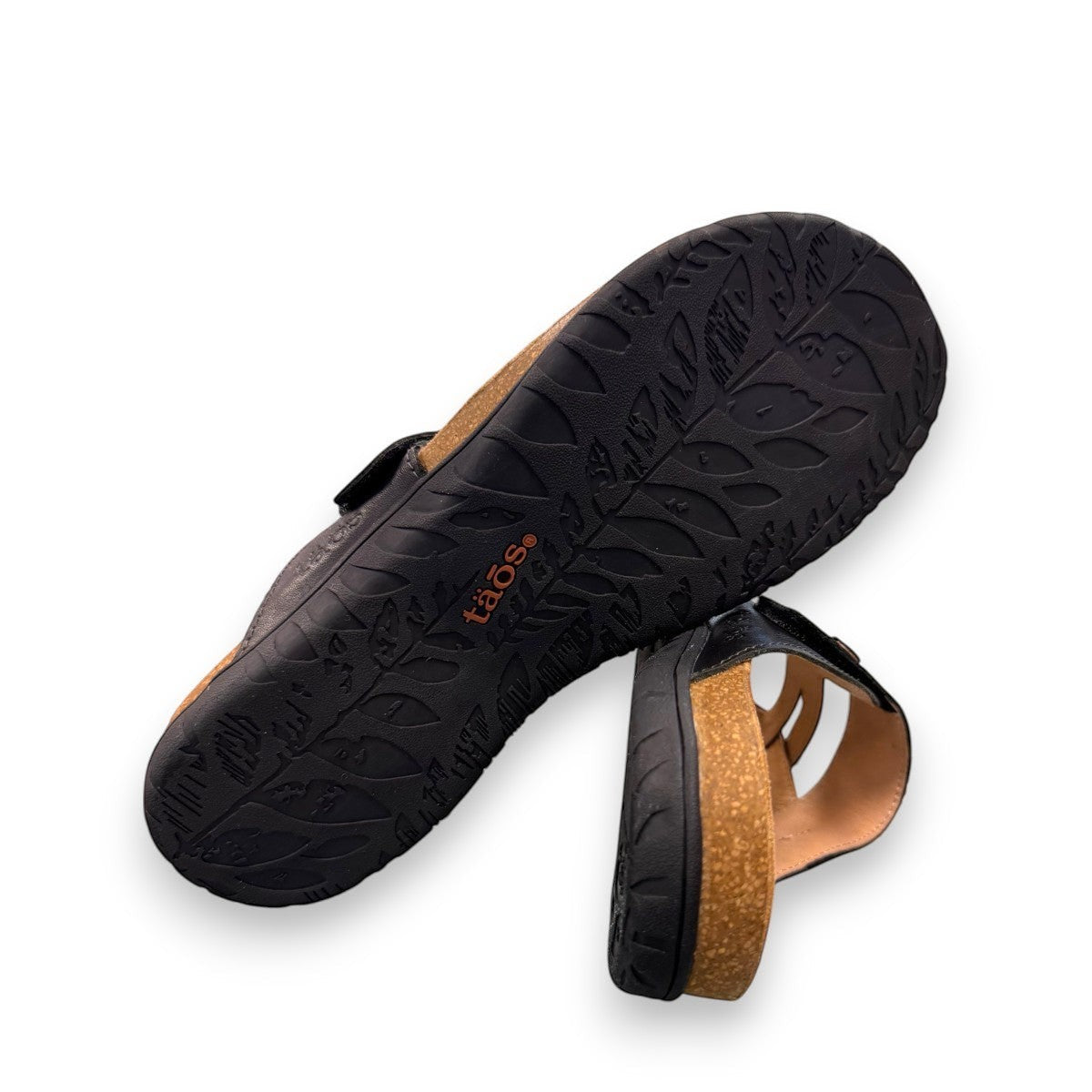 Taos Perfect black leather thong sandal with adjustable strap, cork-latex midsole, and rubber outsole. Photo of bottom view.