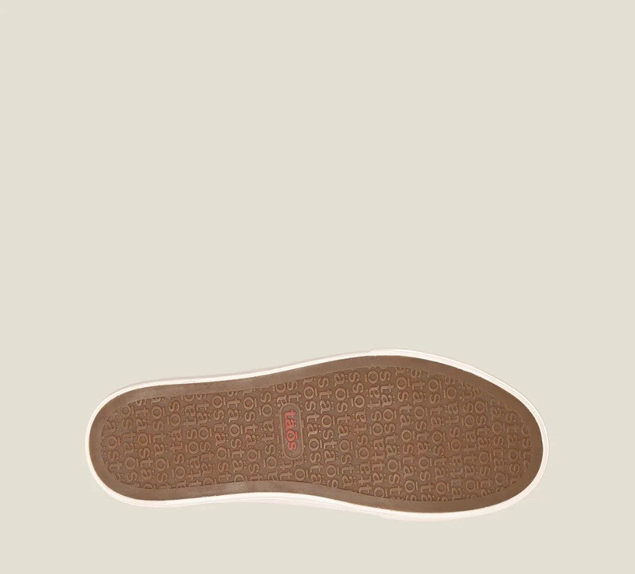 Taos Plim Soul canvas sneakers in beach multi featuring arch support and a thick rubber platform sole. Photo of bottom view.