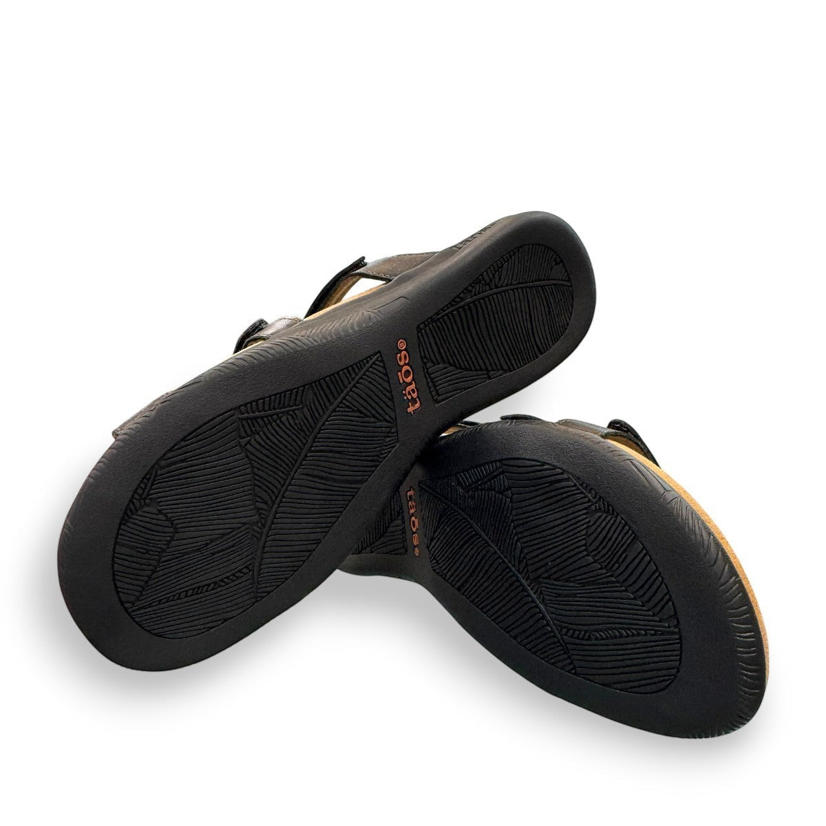 Taos Prize 4 black leather slide sandals with adjustable hook and loop straps and cushioned foot bed. Photo of bottom view.