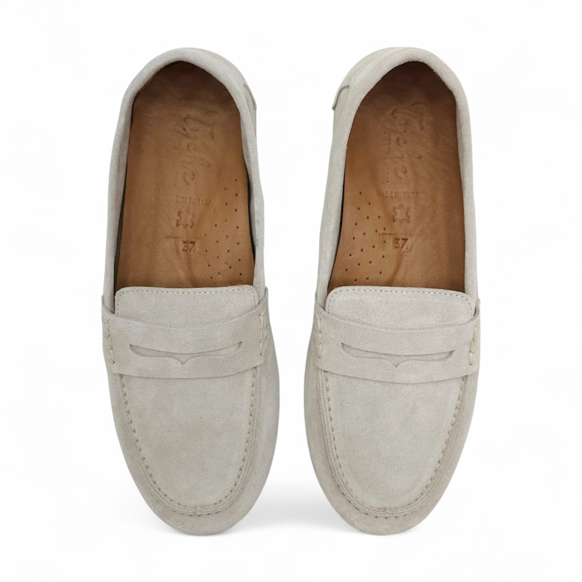 Tyche Mavis beige suede loafers with leather uppers and a comfortable slip-on design.