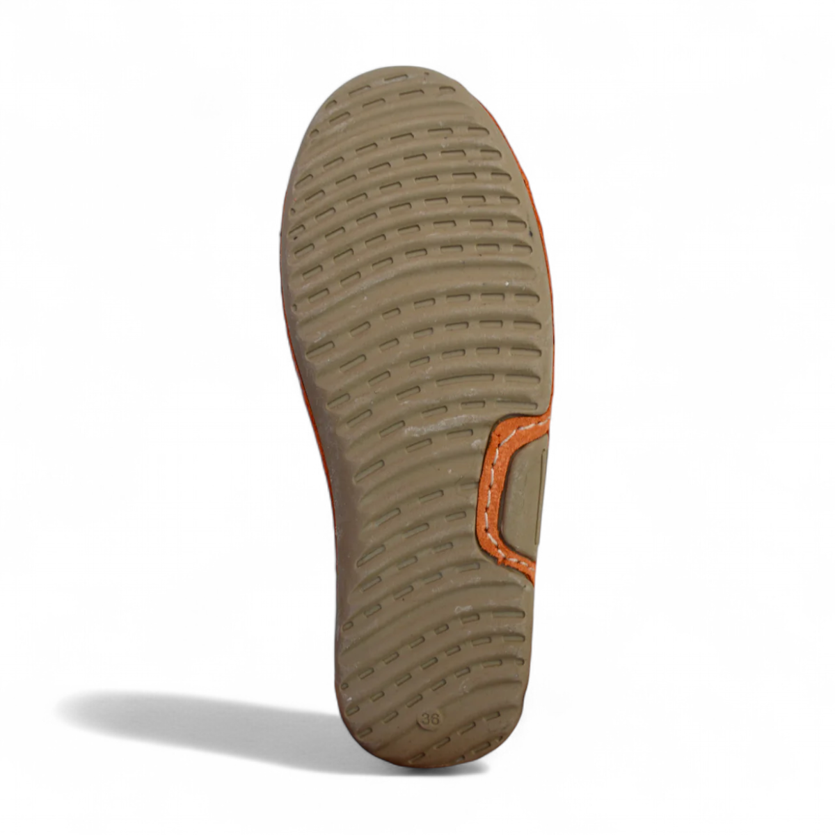 Tyche Mavis orange suede loafers with slip-on design, leather lining, and contrast stitching.