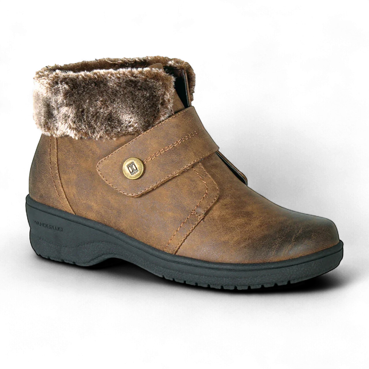 Wanderlust Perth vegan winter boot in dark tan with plush faux fur collar and velcro strap.
photo of the front side