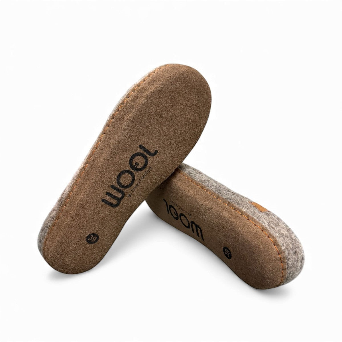 wool by green Makalu grey wool slippers with a brown EnergySole insole and artisan-signed leather tag side view
