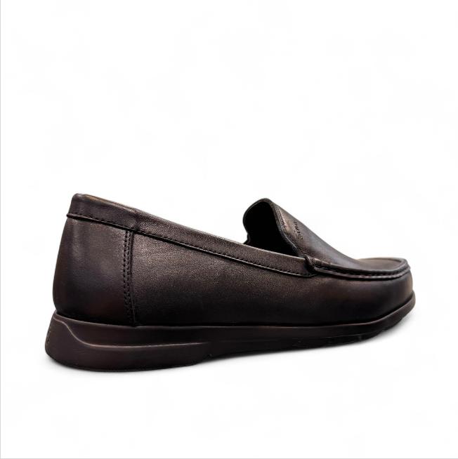 Sina Footwear Vanak dark brown leather loafers featuring handmade stitching and a durable rubber outsole. Photo of back side view.
