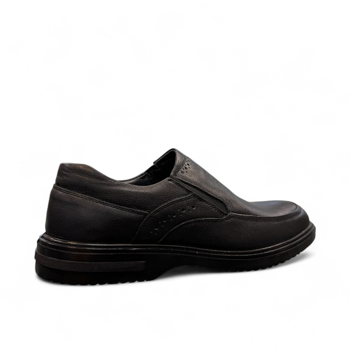 AFAG 4004 black leather slip-on men's shoes with a durable rubber outsole and side stitching detail. Photo of back side view.