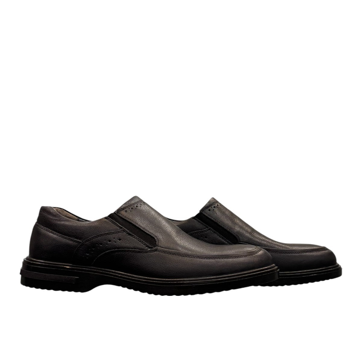 AFAG 4004 black leather slip-on men's shoes with a durable rubber outsole and side stitching detail. Photo of side views.