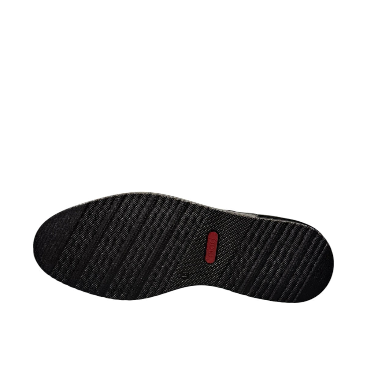AFAG 4004 black leather slip-on men's shoes with a durable rubber outsole and side stitching detail. Photo of bottom view.