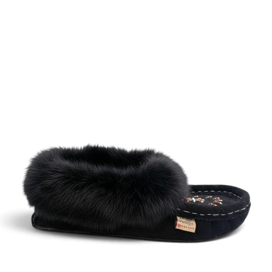Alberta black cowhide suede moccasins with a plush rabbit fur ankle collar and decorative beadwork.
