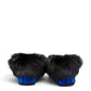 Alberta blue suede moccasin with a black rabbit fur ankle collar, handcrafted for cozy indoor comfort. Photo of back view.