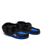 Alberta blue suede moccasin with a black rabbit fur ankle collar, handcrafted for cozy indoor comfort. Photo of side views.