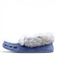 Alberta blue suede moccasins with a soft rabbit fur ankle collar, handcrafted for cozy everyday comfort. Photo of left side view.