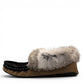 Alberta brown suede moccasins with a soft fur ankle collar, side view. Photo of left side view.