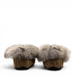 Alberta brown suede moccasins with a soft fur ankle collar, side view. Photo of back view.
