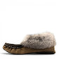Alberta brown suede moccasins with a soft fur ankle collar, handcrafted for cozy everyday wear. Photo of left side view.