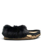 Alberta coffee brown suede moccasin with a plush black rabbit fur ankle collar. Photo of right side view.