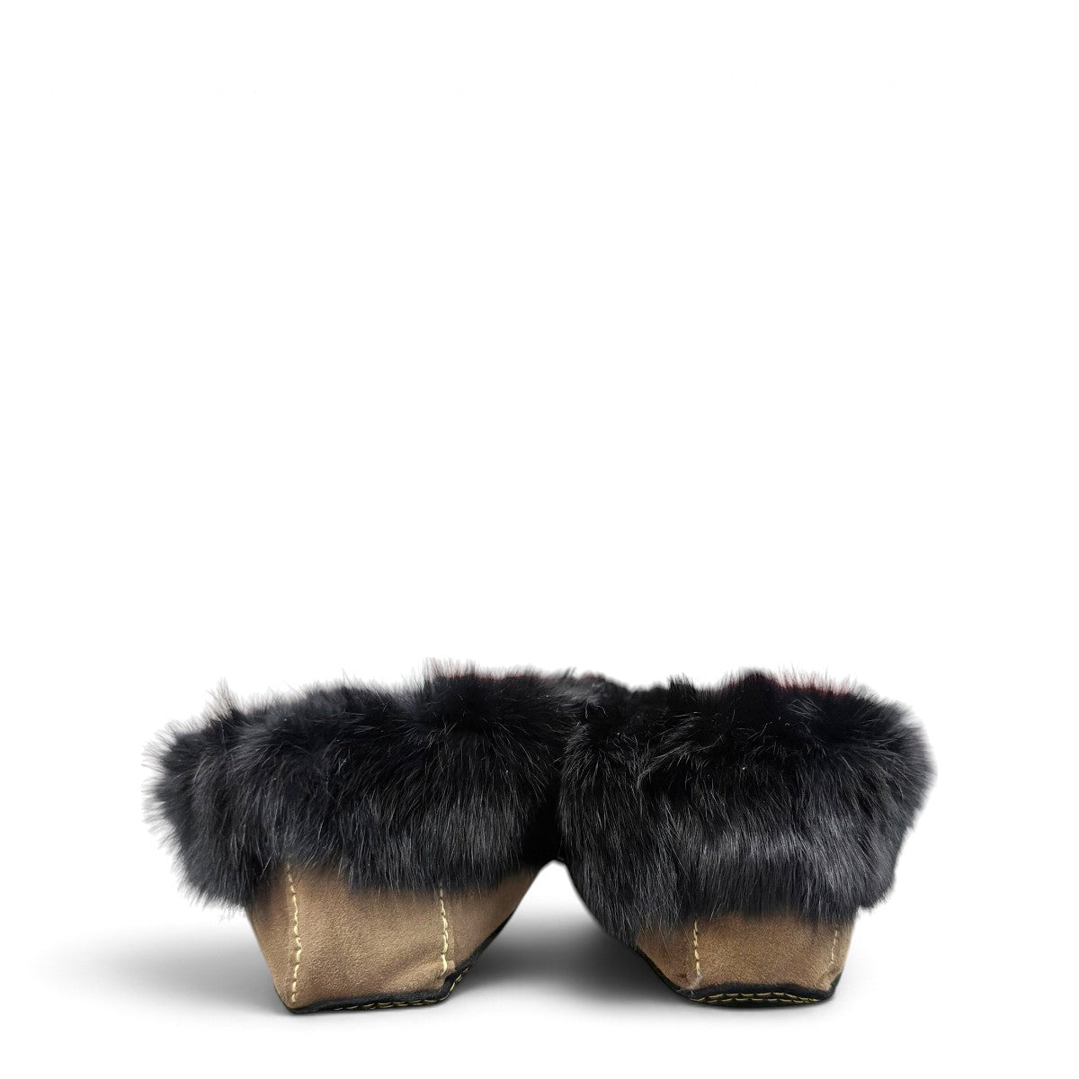 Alberta coffee brown suede moccasin with a plush black rabbit fur ankle collar. Photo of back view.