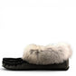 Alberta dark gray suede moccasins with a fluffy rabbit fur ankle collar, side profile view. Photo of left side view.
