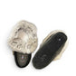 Alberta dark gray suede moccasins with a fluffy rabbit fur ankle collar, side profile view. Photo of bottom view.