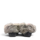 Alberta dark grey suede moccasins with a plush rabbit fur ankle collar, handcrafted for comfort. Photo of back view.