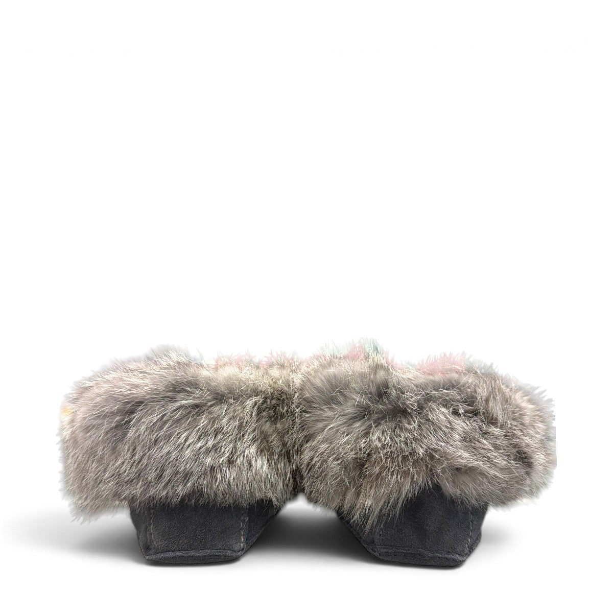 Alberta dark grey suede moccasins with a plush rabbit fur ankle collar, handcrafted for comfort. Photo of back view.