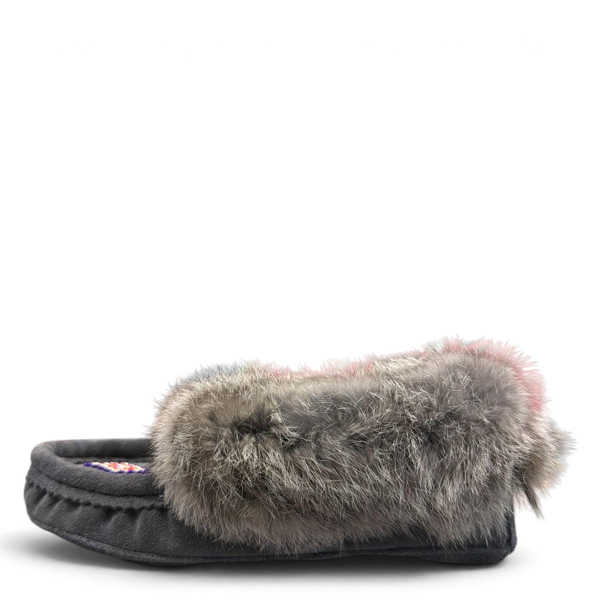 Alberta dark grey suede moccasins with a plush rabbit fur ankle collar, handcrafted for comfort. Photo of left side view.