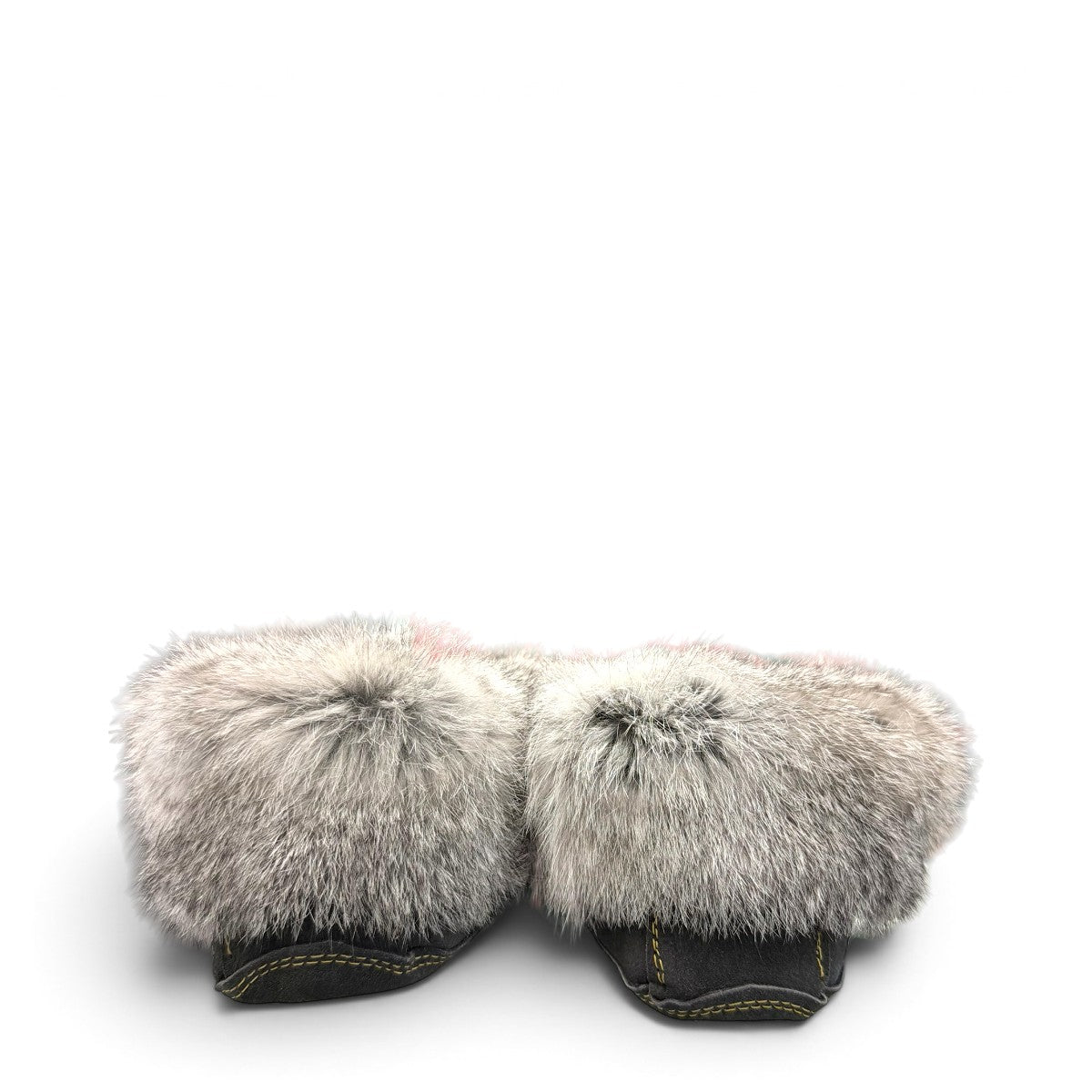 Alberta grey suede moccasins with a plush rabbit fur ankle collar and hand-stitched detailing. Photo of back view.