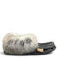 Alberta grey suede moccasins with a plush rabbit fur ankle collar and hand-stitched detailing. Photo of right side view.