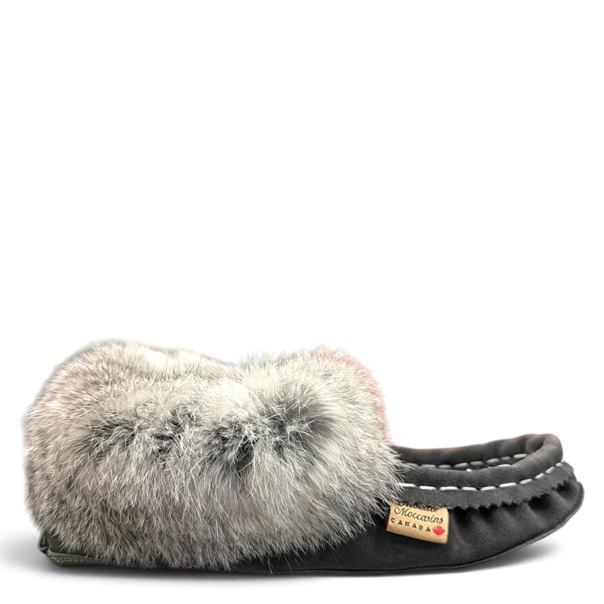 Alberta grey suede moccasins with a plush rabbit fur ankle collar and hand-stitched detailing. Photo of right side view.