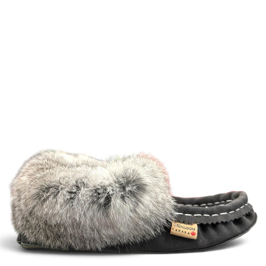 Alberta grey suede moccasins with a plush rabbit fur ankle collar and hand-stitched detailing. Photo of right side view.