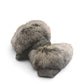 Alberta light grey suede moccasin with a fluffy rabbit fur ankle collar, handcrafted side view. Photo of back view.