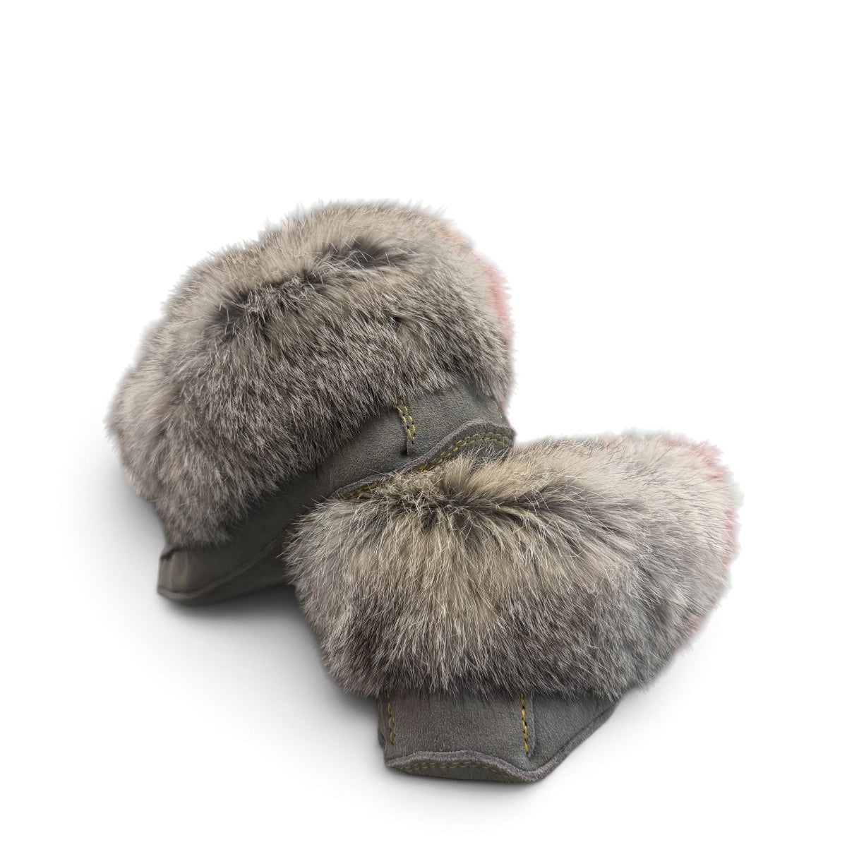 Alberta light grey suede moccasin with a fluffy rabbit fur ankle collar, handcrafted side view. Photo of back view.