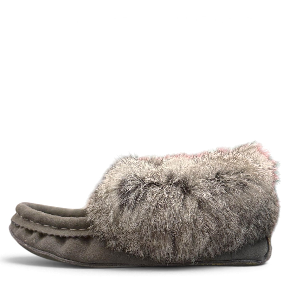 Alberta light grey suede moccasin with a fluffy rabbit fur ankle collar, handcrafted side view. Photo of left side view.